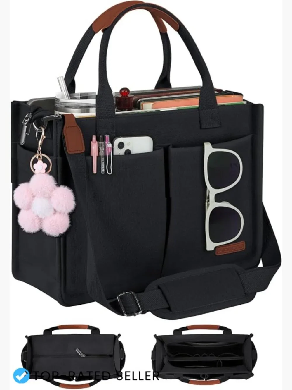 Canvas Tote Bag with 14 Pockets Zipper Top Crossbody Strap Luggage Sleeve